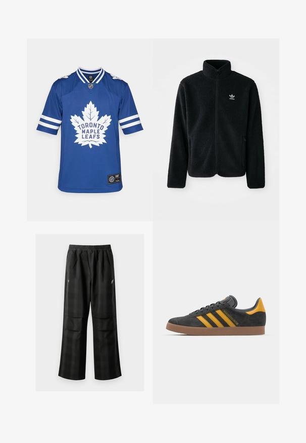 Svart fleecejacka med hög krage, blixtlås fram och framfickor. Har strukturtyg och en liten vit logotyp på vänster bröst.; Blå hockeytröja med en stor vit lönnlövslogga och texten "TORONTO MAPLE LEAFS". Randdetaljer på ärmarna och rundad nacke.; Svarta rutiga byxor med elastisk midja, två framfickor och en lös passform med rak bendesign. Tillverkade av lätt material.; Svart mockaskor med gula accenter, med tre ränder och en brun gummisula. Inkluderar en vadderad tunga för extra komfort.