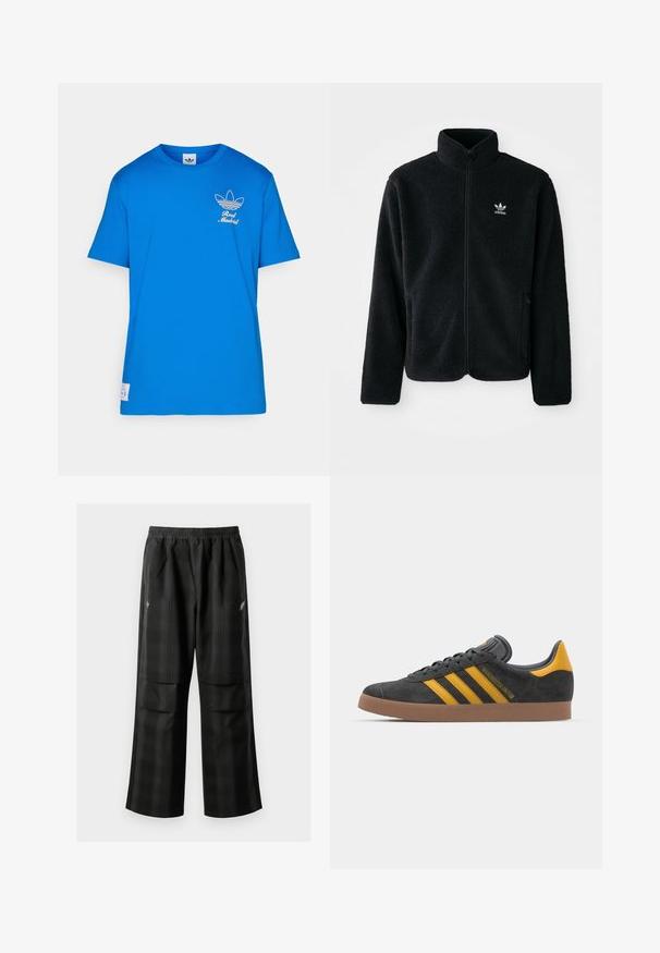 Melns flīsa mētelis ar augstu apkakli, ar rāvējslēdzēju priekšā un priekšējiem kabatām. Iezīmē ar teksturētu audumu un mazu baltu logo uz kreisā krūtīm.; Zils īsām piedurknēm kokvilnas T-krekls, kurā kreisajā krūšu daļā redzama balta Adidas logo grafika un teksts "Real Madrid".; Melnas kvadrātveida bikses ar elastīgu jostu, divām priekšējām kabatām un brīvu piegriezumu ar taisnām kājām. Izgatavotas no viegla materiāla.; Melnas zamšādas kedas ar dzelteniem akcentiem, kurām ir trīs svītras un brūna gumijas zole. Iekļauta mīksta valkāšanas tongue komfortam.