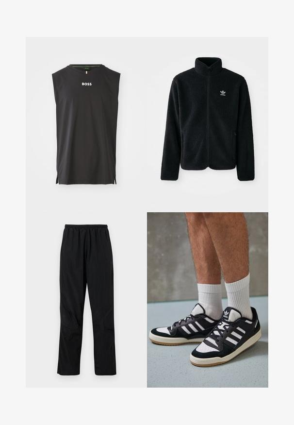 Casaco de fleece preto com gola alta, fecho de correr à frente e bolsos frontais. Apresenta um tecido texturizado e um pequeno logo branco no lado esquerdo do peito.; Top atlético sem mangas preto feito de tecido suave, apresentando um decote redondo e a palavra "BOSS" em branco na parte frontal. Fendas laterais na barra.; Pantalones negros de nylon com um cós elástico, apresentando um acabamento leve e texturizado e detalhes em costura para um design moderno.; Ténis em preto e branco com upper em camurça e couro, apresentando três riscas brancas, um toe perfurado e uma sola em borracha de goma.