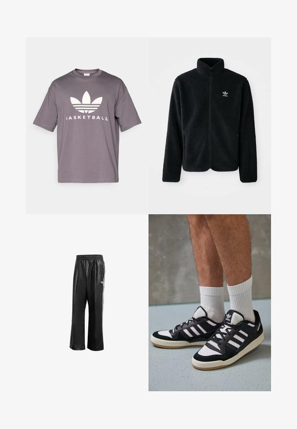 Svart fleecejakke med høy krage, glidelås foran og frontlommer. Har strukturert stoff og liten hvit logo på venstre bryst.; Grå bomull T-skjorte med korte ermer, med en stor hvit Adidas-logo og teksten "BASKETBALL" nedenfor, rund hals design.; Sorte syntetiske treningsbukser med elastisk midje, som har hvite sidestreker og en liten hvit logo på venstre hofte.; Sorte og hvite sneakers med overdel i semsket skinn og lær, med tre hvite striper, perforert tå og en såle av gummi.