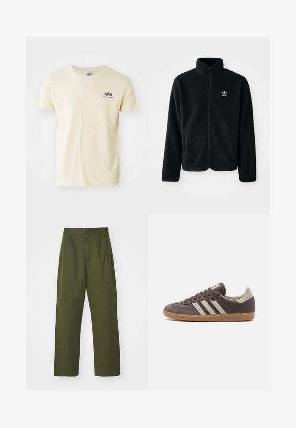 Melns flīsa mētelis ar augstu apkakli, ar rāvējslēdzēju priekšā un priekšējiem kabatām. Iezīmē ar teksturētu audumu un mazu baltu logo uz kreisā krūtīm.; Gaiši dzeltena kokvilnas t-kreklā ar īsām piedurknēm, apaļu kaklu un mazu purpura logo kreisajā krūtī, kas ietver stilizētu rakstu un dizaina elementus.; Olīvzaļas augstas vidukļa bikses ar taisnu kāju dizainu. Izgatavotas no viegla auduma, ar priekšu krokām un pogu aizdari.; Brūni ādas snekeri ar trim gaismas krāsas svītrām, gumijas zole, noapaļota purngala daļa un teksturēti zamša akcenti uz papēža un purngala.