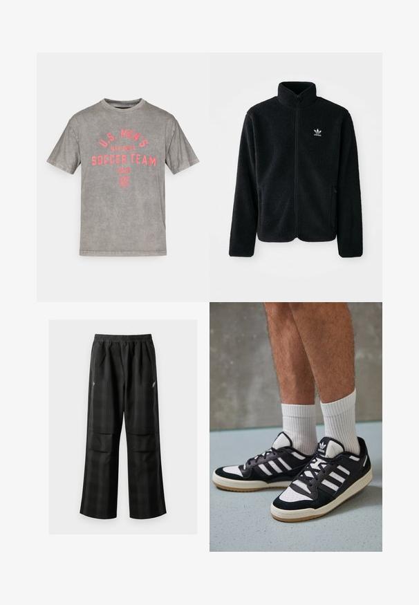 Black fleece jacket with high collar, zip front, and front pockets. Features textured fabric and small white logo on left chest.; Gray cotton T-shirt featuring "U.S. MEN'S NATIONAL SOCCER TEAM 2026" graphic in bright pink, crew neck, short sleeves, distressed texture.; Black plaid pants featuring an elastic waistband, two front pockets, and a loose fit with a straight leg design. Made from lightweight material.; Black and white sneakers with a suede and leather upper, featuring three white stripes, a perforated toe, and a gum rubber sole.