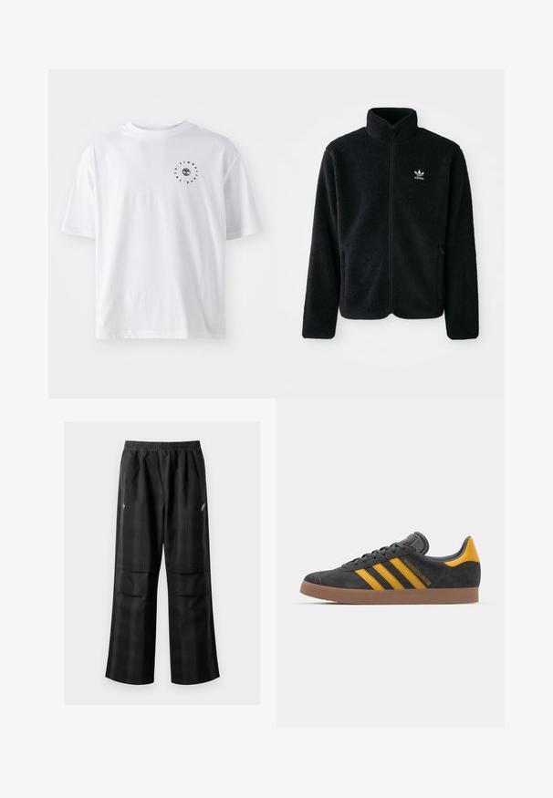 Melns flīsa mētelis ar augstu apkakli, ar rāvējslēdzēju priekšā un priekšējiem kabatām. Iezīmē ar teksturētu audumu un mazu baltu logo uz kreisā krūtīm.; Balts kokvilnas T-krekls ar apaļu kakla izgriezumu, īsām piedurknēm un nelielu melnu grafiku ar koku un tekstu kreisajā pusē.; Melnas kvadrātveida bikses ar elastīgu jostu, divām priekšējām kabatām un brīvu piegriezumu ar taisnām kājām. Izgatavotas no viegla materiāla.; Melnas zamšādas kedas ar dzelteniem akcentiem, kurām ir trīs svītras un brūna gumijas zole. Iekļauta mīksta valkāšanas tongue komfortam.