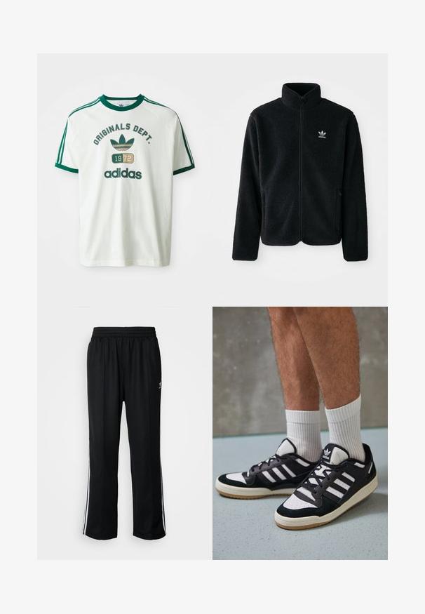Crna fleec jakna s visokim ovratnikom, prednjim zatvaračem i prednjim džepovima. Ima teksturirani materijal i mali bijeli logo na lijevoj strani prsnog koša.; Bijela majica s kratkim rukavima s zelenim akcentima, koja sadrži grafiku "ORIGINALS DEPT." i "adidas", te vintage logo iz 1972. godine.; Crne sportske hlače s elastičnom trakom oko struka, s bijelim bočnim prugama i malim logotipom. Materijal izgleda mekan i lagan.; Crne i bijele tenisice s gornjim dijelom od antilopa i kože, s tri bijele pruge, perforiranim prstom i gumiranim potplatom.