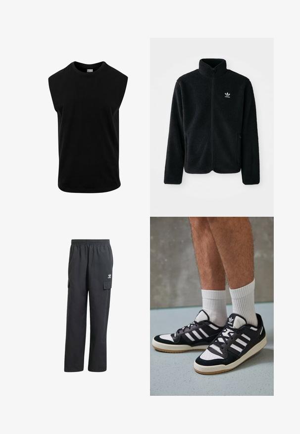Black fleece jacket with high collar, zip front, and front pockets. Features textured fabric and small white logo on left chest.; Black sleeveless t-shirt made of cotton, featuring a round neckline and a smooth texture with a straight cut. No visible patterns.; Black cargo pants with an elastic waistband, two side pockets, and a subtle logo on the left thigh. Made from a lightweight fabric.; Black and white sneakers with a suede and leather upper, featuring three white stripes, a perforated toe, and a gum rubber sole.