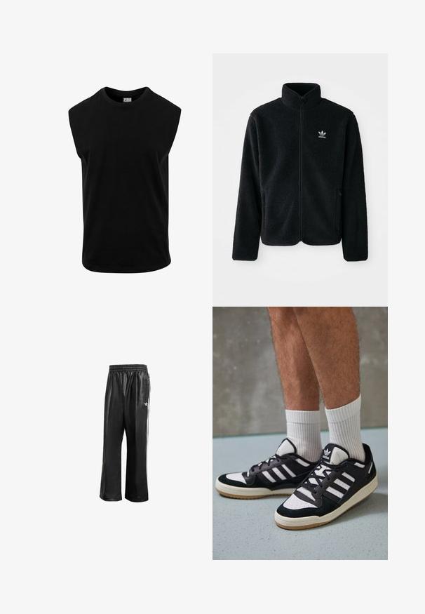 Zwarte fleece jacket met hoge kraag, ritssluiting aan de voorkant en voorzakken. Kenmerkt zich door textuurstof en een klein wit logo op de linkerborst.; Zwarte mouwloze T-shirt van katoen, met een ronde hals en een gladde textuur met een rechte snit. Geen zichtbare patronen.; Zwarte synthetische trainingsbroek met een elastische tailleband, voorzien van witte zijstrepen en een klein wit logo op de linkse heup.; Zwart-witte sneakers met een bovenwerk van suede en leer, voorzien van drie witte strepen, een geperforeerde neus en een rubberen gumzool.