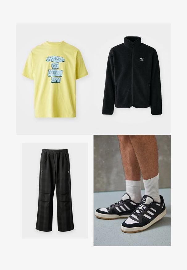 Melns flīsa mētelis ar augstu apkakli, ar rāvējslēdzēju priekšā un priekšējiem kabatām. Iezīmē ar teksturētu audumu un mazu baltu logo uz kreisā krūtīm.; Dzeltena kokvilnas T-krekls ar zilu grafiku, kurā ir teksts "CARHARTT WIP DETROIT U.S.A." biezā, nolietotā fontā. Apaļš kakla izgriezums, īsas piedurknes.; Melnas kvadrātveida bikses ar elastīgu jostu, divām priekšējām kabatām un brīvu piegriezumu ar taisnām kājām. Izgatavotas no viegla materiāla.; Melnas un baltas kedas ar zamša un ādas augšdaļu, kas aprīkotas ar trim baltām svītrām, perforētu purngali un gumijas zolēm.