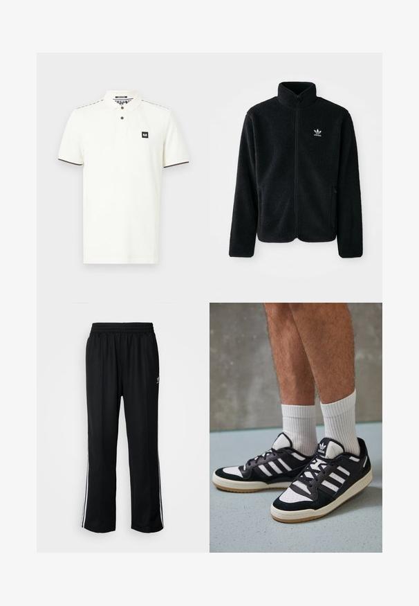Juodas fliso džemperis su aukštu apykakle, užtrauktuku priekyje ir priekinėmis kišenėmis. Ypatybės: tekstūruota medžiaga ir mažas baltas logotipas kairėje krūtinės pusėje.; Balta polo marškinėliai, pagaminti iš medvilnės, su apykakle, dviem rudos spalvos mygtukais ir juodu logotipo pleistru ant krūtinės. Apipjaustyti rudomis detalėmis.; Juodi sportiniai keliai su elastingu juosmeniu, su baltais šonais ir mažu logotipu. Atrodo, kad medžiaga yra minkšta ir lengva.; Juodos ir baltos sportinės bateliai su zomšiniu ir odiniu viršumi, su trimis baltomis juostelėmis, perforuota koja ir guminėmis padais.
