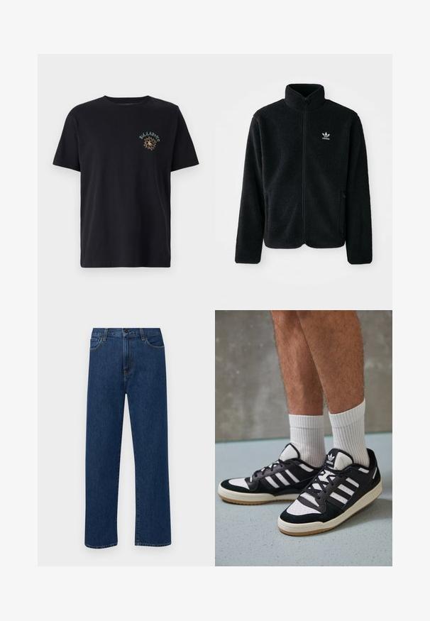 Črna flis jakna z visokim ovratnikom, z zadrgo spredaj in sprednjimi žepi. Ima strukturno blago in majhno belo logo na levi strani prsnega koša.; Črna bombažna majica s krožnim ovratnikom, kratkimi rokavi in grafičnim dizajnom v zeleni in zlati barvi na levi strani prsnega koša.; Temno modri jeans ravne krojenje z naprsnimi žepi in gumbom za zapiranje, prikazani na enostavni beli podlagi.; Črno-bele superge z zgornjim delom iz usnja in nubuka, ki imajo tri bele črte, perforiran vrh prstov in podplat iz gume.