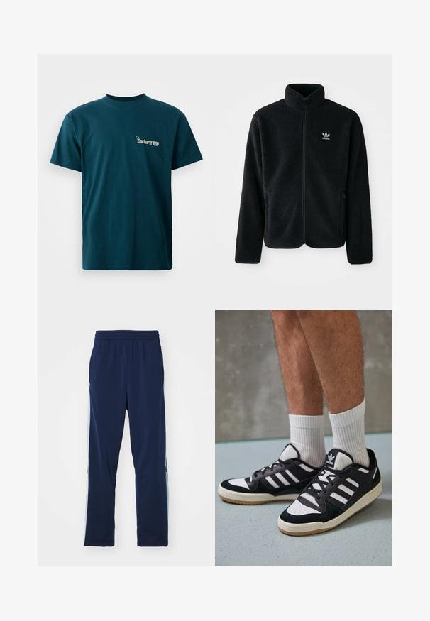 Svart fleecejakke med høy krage, glidelås foran og frontlommer. Har strukturert stoff og liten hvit logo på venstre bryst.; Teal bomull T-skjorte med korte ermer og rund hals. Har et grafisk trykk av "Carhartt WIP" på forsiden i hvitt.; Marineblå joggebukser laget av elastisk stoff, med bred elastisk midjebånd, rett kutt, og lette sidetone akcenter med logoer.; Sorte og hvite sneakers med overdel i semsket skinn og lær, med tre hvite striper, perforert tå og en såle av gummi.