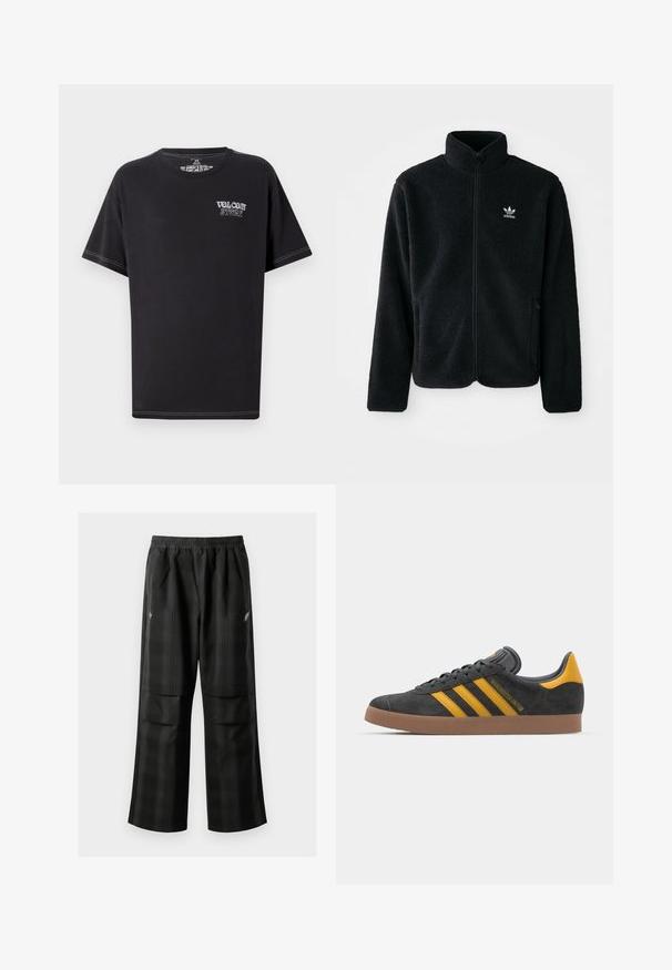 Black fleece jacket with high collar, zip front, and front pockets. Features textured fabric and small white logo on left chest.; Black t-shirt made of cotton, featuring a round neckline, short sleeves, and white contrast stitching. Front displays "VOLCOM STORE" in light lettering.; Black plaid pants featuring an elastic waistband, two front pockets, and a loose fit with a straight leg design. Made from lightweight material.; Black suede sneaker with yellow accents, featuring three stripes and a brown rubber sole. Includes a padded tongue for comfort.