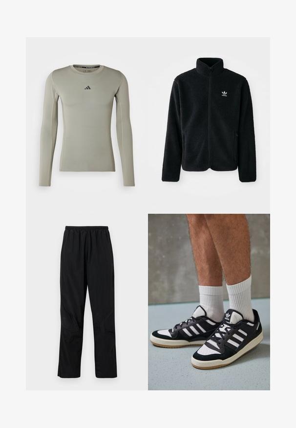 Black fleece jacket with high collar, zip front, and front pockets. Features textured fabric and small white logo on left chest.; Long-sleeve athletic shirt in light green fabric. Features a round neckline, fitted design, and a small black logo on the chest.; Black nylon pants with an elastic waistband, featuring a lightweight, textured finish and seam accents for a modern design.; Black and white sneakers with a suede and leather upper, featuring three white stripes, a perforated toe, and a gum rubber sole.