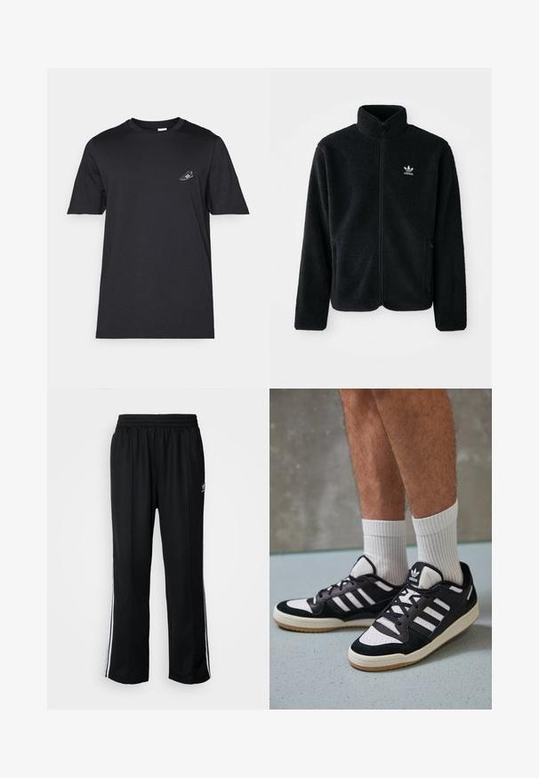 Crna fleec jakna s visokim ovratnikom, prednjim zatvaračem i prednjim džepovima. Ima teksturirani materijal i mali bijeli logo na lijevoj strani prsnog koša.; Crna pamučna majica s okruglim izrezom, kratkim rukavima i malim bijelim grafičkim printom tenisice na lijevoj strani prsnog koša. Mekana tekstura, regularna kroja.; Crne sportske hlače s elastičnom trakom oko struka, s bijelim bočnim prugama i malim logotipom. Materijal izgleda mekan i lagan.; Crne i bijele tenisice s gornjim dijelom od antilopa i kože, s tri bijele pruge, perforiranim prstom i gumiranim potplatom.