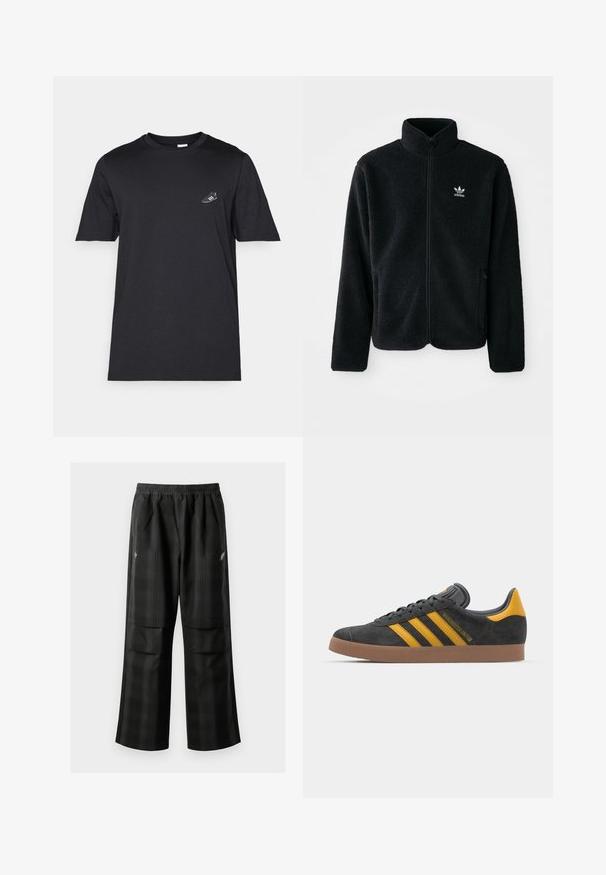 Schwarze Fleecejacke mit hohem Kragen, durchgehendem Reißverschluss und Fronttaschen. Verfügt über strukturiertes Material und ein kleines weißes Logo auf der linken Brust.; Schwarzes Baumwoll-T-Shirt mit Rundhalsausschnitt, kurzen Ärmeln und einem kleinen weißen Sneaker-Graphic auf der linken Brust. Weicher Stoff, normale Passform.; Schwarze karierte Hosen mit elastischem Bund, zwei Fronttaschen und lockerer Passform im geraden Beinschnitt. Hergestellt aus leichtem Material.; Schwarze Wildledersneaker mit gelben Akzenten, ausgestattet mit drei Streifen und einer braunen Gummisohle. Enthält eine gepolsterte Zunge für zusätzlichen Komfort.