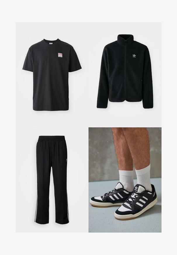 Juodas fliso džemperis su aukštu apykakle, užtrauktuku priekyje ir priekinėmis kišenėmis. Ypatybės: tekstūruota medžiaga ir mažas baltas logotipas kairėje krūtinės pusėje.; Juodas medvilnės marškinėliai su apvaliu kaklu, trumpomis rankovėmis ir mažyte spalvota etikete kairėje krūtinės pusėje, ant kurios užrašyta "SUPERIOR."; Juodi sportiniai keliai su elastingu juosmeniu, su baltais šonais ir mažu logotipu. Atrodo, kad medžiaga yra minkšta ir lengva.; Juodos ir baltos sportinės bateliai su zomšiniu ir odiniu viršumi, su trimis baltomis juostelėmis, perforuota koja ir guminėmis padais.