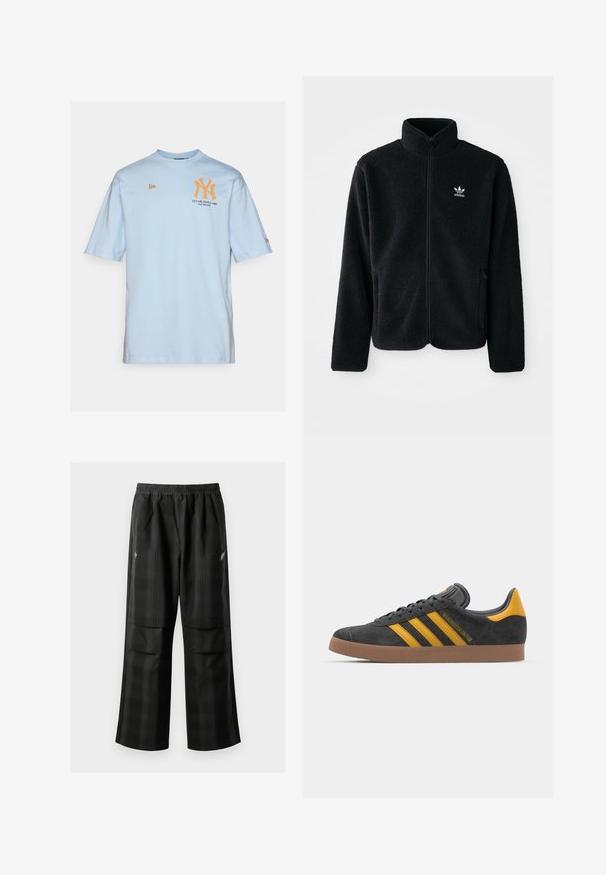Juodas fliso džemperis su aukštu apykakle, užtrauktuku priekyje ir priekinėmis kišenėmis. Ypatybės: tekstūruota medžiaga ir mažas baltas logotipas kairėje krūtinės pusėje.; Šviesiai mėlynas medvilninis marškinėlis trumpomis rankovėmis, su oranžiniu "NY" logotipu ir tekstu "Įsteigta 1903" priekyje.; Juodos languotos kelnės su elastingu juosmeniu, dviem priekinėmis kišenėmis ir laisvu tiesiu kirpimu. Pagamintos iš lengvos medžiagos.; Juodas zomšinės sportbačiai su geltonais akcentais, turintys tris juosteles ir rudą gumos padą. Apima paminkštintą liežuvėlį patogumui.