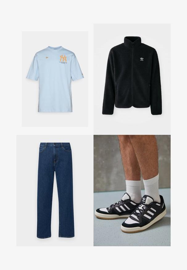 Juodas fliso džemperis su aukštu apykakle, užtrauktuku priekyje ir priekinėmis kišenėmis. Ypatybės: tekstūruota medžiaga ir mažas baltas logotipas kairėje krūtinės pusėje.; Šviesiai mėlynas medvilninis marškinėlis trumpomis rankovėmis, su oranžiniu "NY" logotipu ir tekstu "Įsteigta 1903" priekyje.; Tamsiai mėlynos tiesaus žandikaulio džinsai su priekinėmis kišenėmis ir mygtuko uždarymu, rodantys ant paprasto balto fono.; Juodos ir baltos sportinės bateliai su zomšiniu ir odiniu viršumi, su trimis baltomis juostelėmis, perforuota koja ir guminėmis padais.