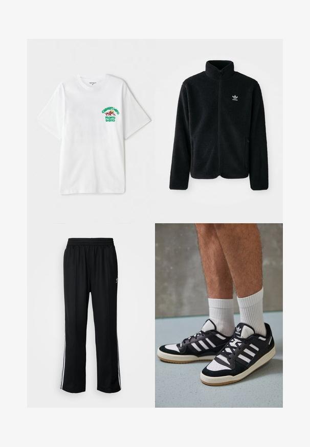 Sort fleecejakke med høj krave, lynlås foran og frontlommer. Har tekstureret stof og lille hvidt logo på venstre bryst.; Hvid bomulds t-shirt med en grøn og rød grafisk tekst på venstre bryst, der står "cashart Who Pronto Subito." Korte ærmer.; Sorte træningsbukser med elastisk talje, der har hvide sidestænger og et lille logo. Materialet ser blødt og let ud.; Sorte og hvide sneakers med en overdel i ruskind og læder, der har tre hvide striber, en perforeret tå og en sål i gummigummi.