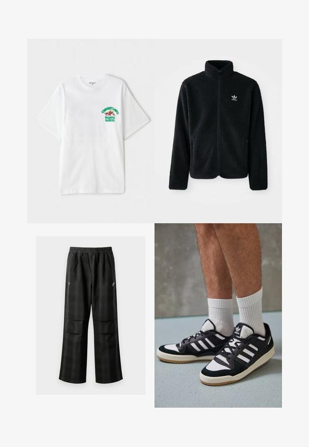 Sort fleecejakke med høj krave, lynlås foran og frontlommer. Har tekstureret stof og lille hvidt logo på venstre bryst.; Hvid bomulds t-shirt med en grøn og rød grafisk tekst på venstre bryst, der står "cashart Who Pronto Subito." Korte ærmer.; Sorte ternede bukser med elastisk talje, to forlommer og en løs pasform med lige ben. Fremstillet af letvægtsmateriale.; Sorte og hvide sneakers med en overdel i ruskind og læder, der har tre hvide striber, en perforeret tå og en sål i gummigummi.
