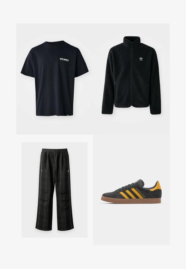 Melns flīsa mētelis ar augstu apkakli, ar rāvējslēdzēju priekšā un priekšējiem kabatām. Iezīmē ar teksturētu audumu un mazu baltu logo uz kreisā krūtīm.; Melna īsām piedurknēm tshirts, kas izgatavota no kokvilnas, ar baltu grafisku teksta logo kreisajā krūtī, ar taisnu piegriezumu un birku sānos.; Melnas kvadrātveida bikses ar elastīgu jostu, divām priekšējām kabatām un brīvu piegriezumu ar taisnām kājām. Izgatavotas no viegla materiāla.; Melnas zamšādas kedas ar dzelteniem akcentiem, kurām ir trīs svītras un brūna gumijas zole. Iekļauta mīksta valkāšanas tongue komfortam.