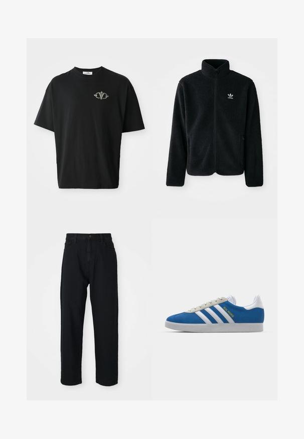 Svart fleecejakke med høy krage, glidelås foran og frontlommer. Har strukturert stoff og liten hvit logo på venstre bryst.; Svart bomull T-skjorte med løs passform, med et lite dekorativt design i grått på brystet. Korte ermer og rund hals.; Sorte denimbukser med rette ben. Har klassisk fem-lomme-design, knappeåpning og subtilt stoffmønster.; adidas Originals ADIDAS GAZELLE SHOES - Innendørsfotballsko - real madrid/bluebird/footwear white/crew yellow