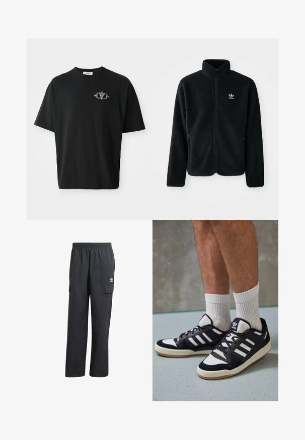 Casaco de fleece preto com gola alta, fecho de correr à frente e bolsos frontais. Apresenta um tecido texturizado e um pequeno logo branco no lado esquerdo do peito.; T-shirt de algodão preta com um corte solto, apresentando um pequeno design decorativo em cinza no peito. Mangas curtas e gola redonda.; Calças cargo pretas com um cós elástico, dois bolsos laterais e um logótipo subtil na coxa esquerda. Feitas de um tecido leve.; Ténis em preto e branco com upper em camurça e couro, apresentando três riscas brancas, um toe perfurado e uma sola em borracha de goma.