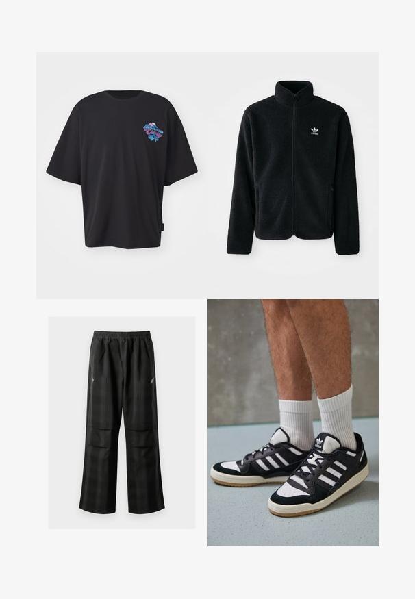 Čierna fleecová bunda s vysokým golierom, zipsom na prednej strane a prednými vreckami. Obsahuje textúrovanú tkaninu a malé biele logo na ľavej hrudi.; Alpha Industries CANDY CREW - Tričko s potlačou - black; Čierne kockované nohavice s elastickým pásom, dvoma prednými vreckami a voľným strihom so rovnými nohavicami. Vyrobené z ľahkého materiálu.; Čierno-biele tenisky s vrchom z semišu a kože, s troma bielymi pruhmi, perforovanou špičkou a gumovou podrážkou.