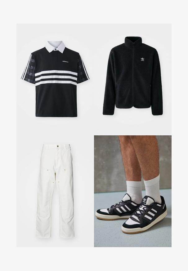 Crna fleec jakna s visokim ovratnikom, prednjim zatvaračem i prednjim džepovima. Ima teksturirani materijal i mali bijeli logo na lijevoj strani prsnog koša.; Crna polo majica s bijelim prugama i logotipom; ima kratke karirane rukave i bijeli ovratnik s gumbima.; Bijele pamučne cargo hlače s opuštenim krojem. Značajke uključuju prednje džepove, zlatne detalje i ojačane dijelove koljena.; Crne i bijele tenisice s gornjim dijelom od antilopa i kože, s tri bijele pruge, perforiranim prstom i gumiranim potplatom.