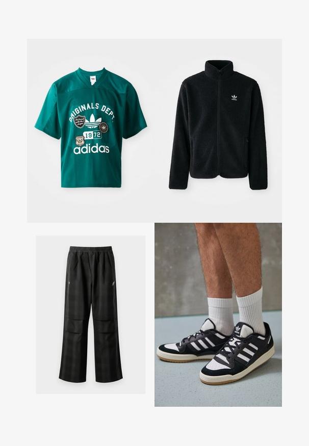 Melns flīsa mētelis ar augstu apkakli, ar rāvējslēdzēju priekšā un priekšējiem kabatām. Iezīmē ar teksturētu audumu un mazu baltu logo uz kreisā krūtīm.; Kleita sporta žakete, košļājošā krāsā, ar V veida kakla izgriezumu, īsām piedurknēm un grafiskajiem uzrakstiem, tostarp "ORIGINALS DEPT." un "1972" baltā burtu rakstā.; Melnas kvadrātveida bikses ar elastīgu jostu, divām priekšējām kabatām un brīvu piegriezumu ar taisnām kājām. Izgatavotas no viegla materiāla.; Melnas un baltas kedas ar zamša un ādas augšdaļu, kas aprīkotas ar trim baltām svītrām, perforētu purngali un gumijas zolēm.