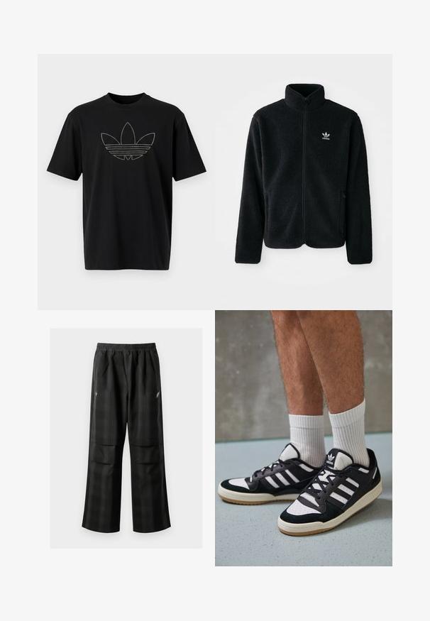 Melns flīsa mētelis ar augstu apkakli, ar rāvējslēdzēju priekšā un priekšējiem kabatām. Iezīmē ar teksturētu audumu un mazu baltu logo uz kreisā krūtīm.; Melna kokvilnas T-krekls ar lielu, konturētu Adidas logotipu ar horizontālām līnijām atstarojošā materiālā priekšā. Īsām piedurknēm.; Melnas kvadrātveida bikses ar elastīgu jostu, divām priekšējām kabatām un brīvu piegriezumu ar taisnām kājām. Izgatavotas no viegla materiāla.; Melnas un baltas kedas ar zamša un ādas augšdaļu, kas aprīkotas ar trim baltām svītrām, perforētu purngali un gumijas zolēm.