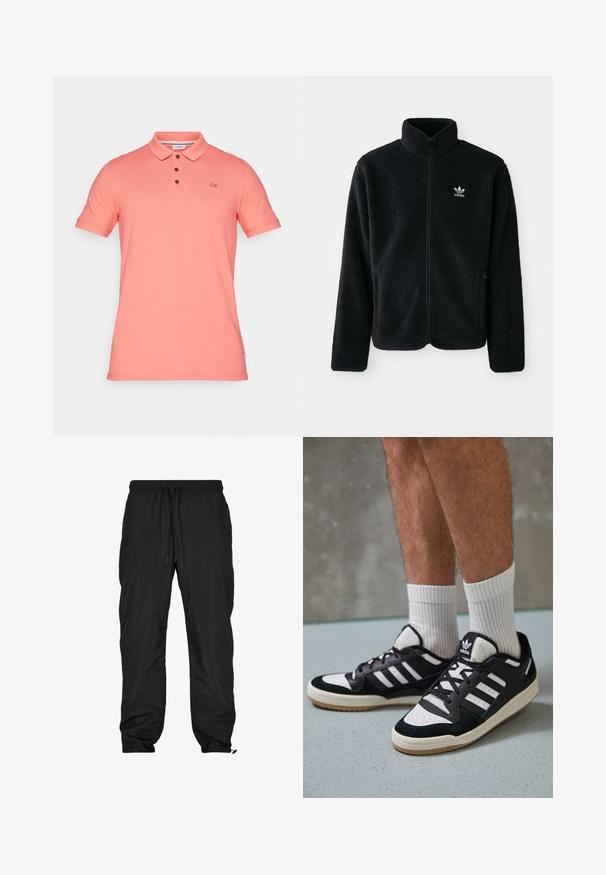 Juodas fliso džemperis su aukštu apykakle, užtrauktuku priekyje ir priekinėmis kišenėmis. Ypatybės: tekstūruota medžiaga ir mažas baltas logotipas kairėje krūtinės pusėje.; Koralo spalvos polo marškiniai pagaminti iš medvilnės, turintys klasikinį apykaklę, trijų mygtukų užtrauktuką ir CK logotipą išsiuvinėtą ant krūtinės. Trumpomis rankovėmis.; Juodos, lengvos, vandeniui atsparios kelnės su elastine juostele, reguliuojamu raišteliu, šoninėmis kišenėmis ir siaurėjančiais pašiais.; Juodos ir baltos sportinės bateliai su zomšiniu ir odiniu viršumi, su trimis baltomis juostelėmis, perforuota koja ir guminėmis padais.