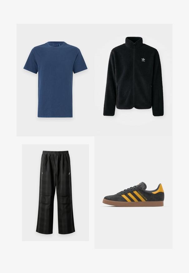 Svart fleecejakke med høy krage, glidelås foran og frontlommer. Har strukturert stoff og liten hvit logo på venstre bryst.; Mørkeblå bomull T-skjorte med rund hals, korte ermer og rett snitt. Glatt tekstur, ingen synlige mønstre eller pynt.; Svarte rutete bukser med elastisk midje, to frontlommer og løs passform med rett ben-design. Laget av lett materiale.; Sort skinnesko i svart semsket skinn med gule detaljer, med tre striper og en brun gummisåle. Inkluderer en polstret tunge for komfort.