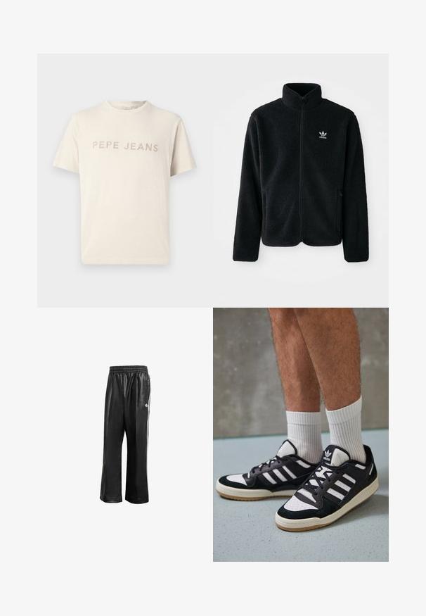 Czarna polarowa kurtka z wysokim kołnierzem, zamek z przodu i kieszeniami z przodu. Posiada teksturowany materiał i małe białe logo na lewej piersi.; Beżowa koszulka z krótkim rękawem i okrągłym dekoltem, z haftowanym napisem "PEPE JEANS" w jasnobeżowym kolorze na piersi.; Czarne syntetyczne spodnie dresowe z elastycznym pasem, z białymi paskami po bokach i małym białym logo na lewym biodrze.; Czarno-białe sneakersy z zamszową i skórzaną cholewką, z trzema białymi paskami, perforowanym czubkiem i gumową podeszwą w kolorze gumy.