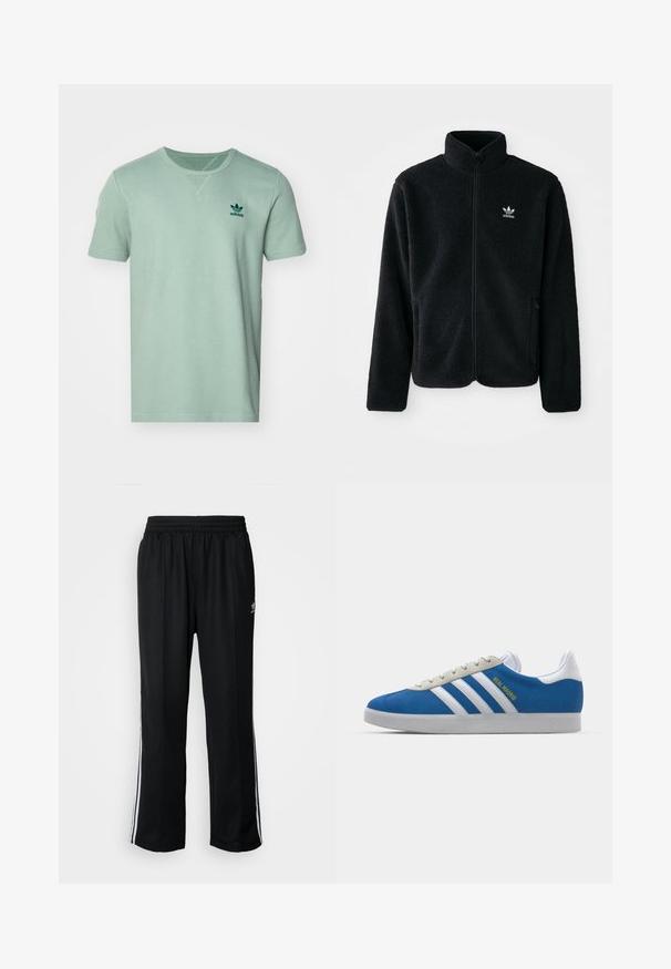 Juodas fliso džemperis su aukštu apykakle, užtrauktuku priekyje ir priekinėmis kišenėmis. Ypatybės: tekstūruota medžiaga ir mažas baltas logotipas kairėje krūtinės pusėje.; Šviesiai mėtinės spalvos trumpų rankovių marškinėliai su tekstūruotu raštu, apvaliu kaklu ir tamsiai žalia adidas logo kairėje krūtinės pusėje.; Juodi sportiniai keliai su elastingu juosmeniu, su baltais šonais ir mažu logotipu. Atrodo, kad medžiaga yra minkšta ir lengva.; adidas Originals ADIDAS GAZELLE SHOES - Salės futbolo bateliai - real madrid/bluebird/footwear white/crew yellow