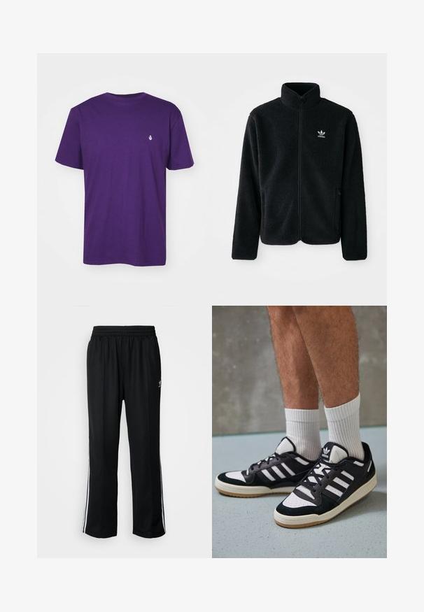 Black fleece jacket with high collar, zip front, and front pockets. Features textured fabric and small white logo on left chest.; Purple cotton t-shirt, short sleeves, crew neck, featuring a small white logo on the left chest. Smooth texture with a relaxed fit.; Black athletic pants with an elastic waistband, featuring white side stripes and a small logo. Material appears soft and lightweight.; Black and white sneakers with a suede and leather upper, featuring three white stripes, a perforated toe, and a gum rubber sole.