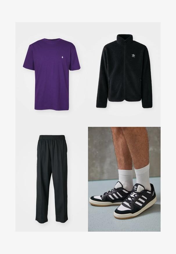 Schwarze Fleecejacke mit hohem Kragen, durchgehendem Reißverschluss und Fronttaschen. Verfügt über strukturiertes Material und ein kleines weißes Logo auf der linken Brust.; Lila Baumwoll-T-Shirt, kurze Ärmel, Rundhalsausschnitt, mit einem kleinen weißen Logo auf der linken Brust. Glatte Textur und lockere Passform.; Schwarze Sporthosen mit elastischem Bund, aus glattem Stoff, mit dezenten Seitennähten und einem entspannten Schnitt, mit geradem Bein.; Schwarz-weiße Sneaker mit einem Obermaterial aus Wildleder und Leder, ausgestattet mit drei weißen Streifen, einer perforierten Zehenpartie und einer Sohle aus Gummi.