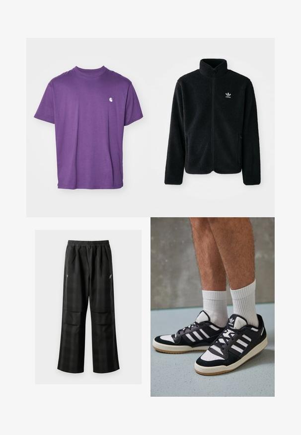 Sort fleecejakke med høj krave, lynlås foran og frontlommer. Har tekstureret stof og lille hvidt logo på venstre bryst.; Lilla bomulds t-shirt med korte ærmer, rund halsudskæring og et lille hvidt logo på venstre brystområde. Glat tekstur, enkel design.; Sorte ternede bukser med elastisk talje, to forlommer og en løs pasform med lige ben. Fremstillet af letvægtsmateriale.; Sorte og hvide sneakers med en overdel i ruskind og læder, der har tre hvide striber, en perforeret tå og en sål i gummigummi.