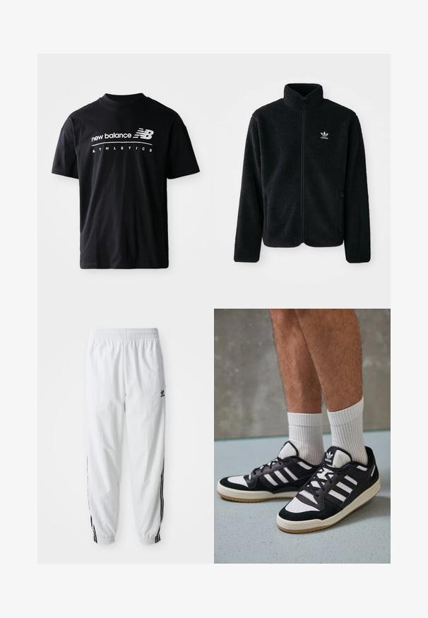 Svart fleecejakke med høy krage, glidelås foran og frontlommer. Har strukturert stoff og liten hvit logo på venstre bryst.; Svart bomull T-skjorte med rund hals, korte ermer og hvite tekstgrafikker "new balance" og "ATHLETICS" på fronten.; Hvite treningsbukser med svarte sidepaneler, elastisk midje og mansjetter; har Adidas-logo på venstre lår. Glatt stoffoverflate.; Sorte og hvite sneakers med overdel i semsket skinn og lær, med tre hvite striper, perforert tå og en såle av gummi.