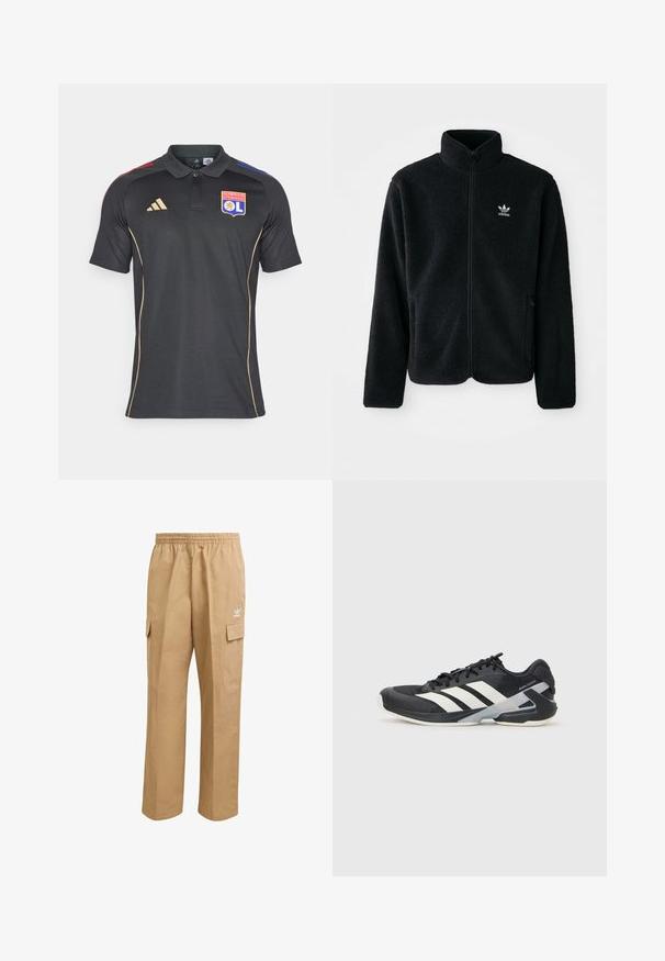 Crna fleec jakna s visokim ovratnikom, prednjim zatvaračem i prednjim džepovima. Ima teksturirani materijal i mali bijeli logo na lijevoj strani prsnog koša.; Crna polo majica od teksturirane tkanine, s ovratnikom, zlatnim detaljima i prugama u crvenoj i plavoj boji na ramenima. Sadrži logo.; Svijetlosmeđi cargo hlače s elastičnom stražnjom trakom, dva bočna cargo džepa i mali bijeli logo na gornjoj lijevoj butini. Glatka tekstura.; Crne atletske cipele s bijelim prugama, mrežasta gornja strana, zaobljeni prst i podstavljeni đon. Imaju teksturiranu petu i siguran sustav vezivanja.