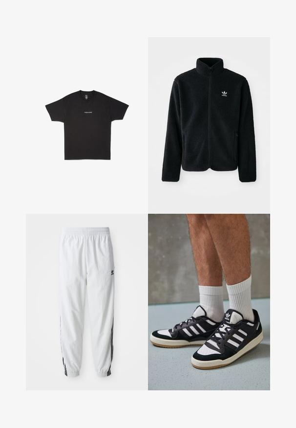 Crna fleec jakna s visokim ovratnikom, prednjim zatvaračem i prednjim džepovima. Ima teksturirani materijal i mali bijeli logo na lijevoj strani prsnog koša.; Crna pamučna majica s okruglim izrezom i kratkim rukavima, sa malim bijelim logotipom "VOLCOM" ispisanim na središnjem dijelu.; Bijele atletske hlače s crnim bočnim trakama, elastičnim pojasom i manžetama; sadrže Adidas logo na lijevom butu. Glatka tekstura tkanine.; Crne i bijele tenisice s gornjim dijelom od antilopa i kože, s tri bijele pruge, perforiranim prstom i gumiranim potplatom.