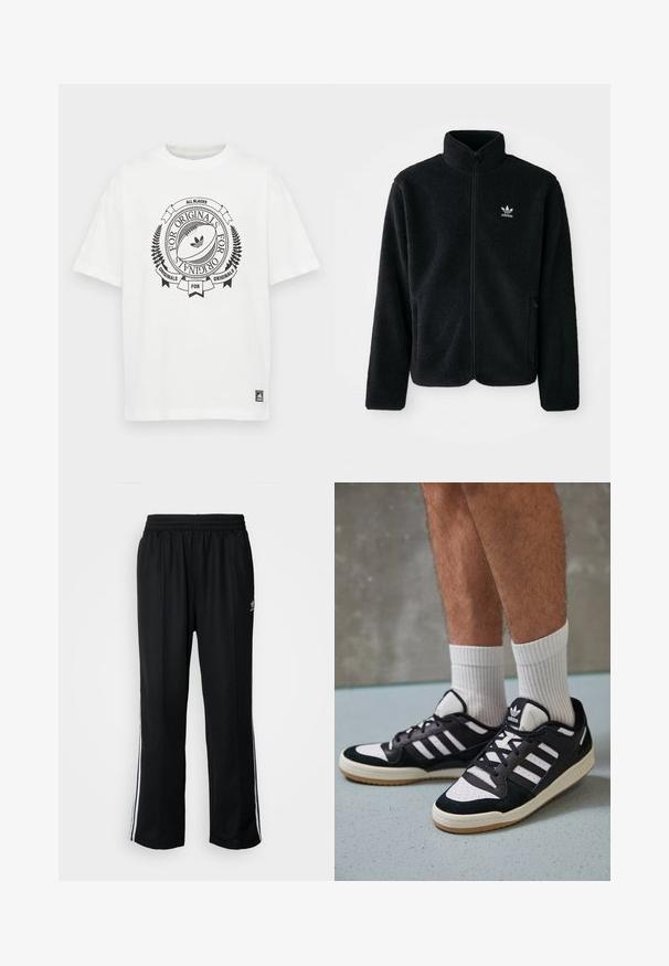 Melns flīsa mētelis ar augstu apkakli, ar rāvējslēdzēju priekšā un priekšējiem kabatām. Iezīmē ar teksturētu audumu un mazu baltu logo uz kreisā krūtīm.; Baltas kokvilnas T-krekls ar apaļu kakla izgriezumu un īsām piedurknēm. Iekļauj melnu grafisko dizainu, kas satur regbija bumbu un tekstu.; Melni sporta bikses ar elastīgu jostas vietu, kurām ir baltas sānu svītras un neliels logotips. Materiāls izskatās mīksts un viegls.; Melnas un baltas kedas ar zamša un ādas augšdaļu, kas aprīkotas ar trim baltām svītrām, perforētu purngali un gumijas zolēm.