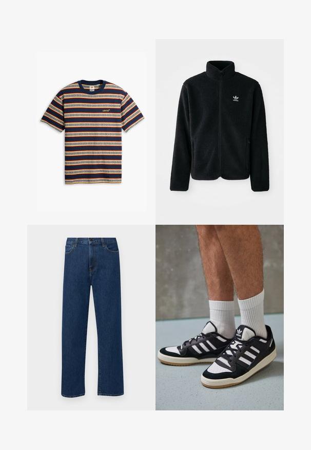 Svart fleecejakke med høy krage, glidelås foran og frontlommer. Har strukturert stoff og liten hvit logo på venstre bryst.; Striped kortermet T-skjorte i marineblå, krem og rød; har geometrisk mønster, rund hals, og brodert gul logo på brystet.; Mørkeblå rette jeans i denim med frontlommer og knappelukking, vist på en enkel hvit bakgrunn.; Sorte og hvite sneakers med overdel i semsket skinn og lær, med tre hvite striper, perforert tå og en såle av gummi.