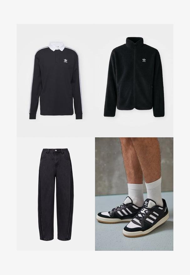 Casaco de fleece preto com gola alta, fecho de correr à frente e bolsos frontais. Apresenta um tecido texturizado e um pequeno logo branco no lado esquerdo do peito.; Camisa polo preta de manga longa com collar branco e três riscas brancas nas mangas; apresenta um logótipo Adidas bordado no peito.; Calças largas pretas em denim com uma textura suave. Apresentam uma cintura alta, bolsos frontais e fecho de botão na cintura.; Ténis em preto e branco com upper em camurça e couro, apresentando três riscas brancas, um toe perfurado e uma sola em borracha de goma.