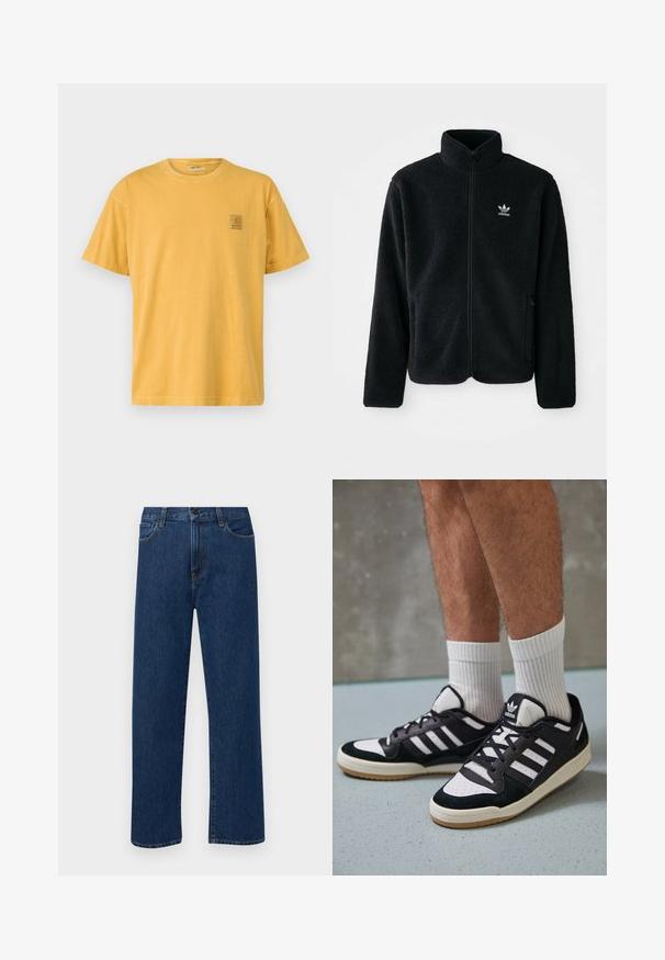 Juodas fliso džemperis su aukštu apykakle, užtrauktuku priekyje ir priekinėmis kišenėmis. Ypatybės: tekstūruota medžiaga ir mažas baltas logotipas kairėje krūtinės pusėje.; Trumpas rankovėmis, apvaliu kaklu marškinėliai geltonos garstyčių spalvos. Sukurtas su maža kvadratine logo etikete kairėje krūtinės pusėje. Minkšta medvilnės tekstūra.; Tamsiai mėlynos tiesaus žandikaulio džinsai su priekinėmis kišenėmis ir mygtuko uždarymu, rodantys ant paprasto balto fono.; Juodos ir baltos sportinės bateliai su zomšiniu ir odiniu viršumi, su trimis baltomis juostelėmis, perforuota koja ir guminėmis padais.