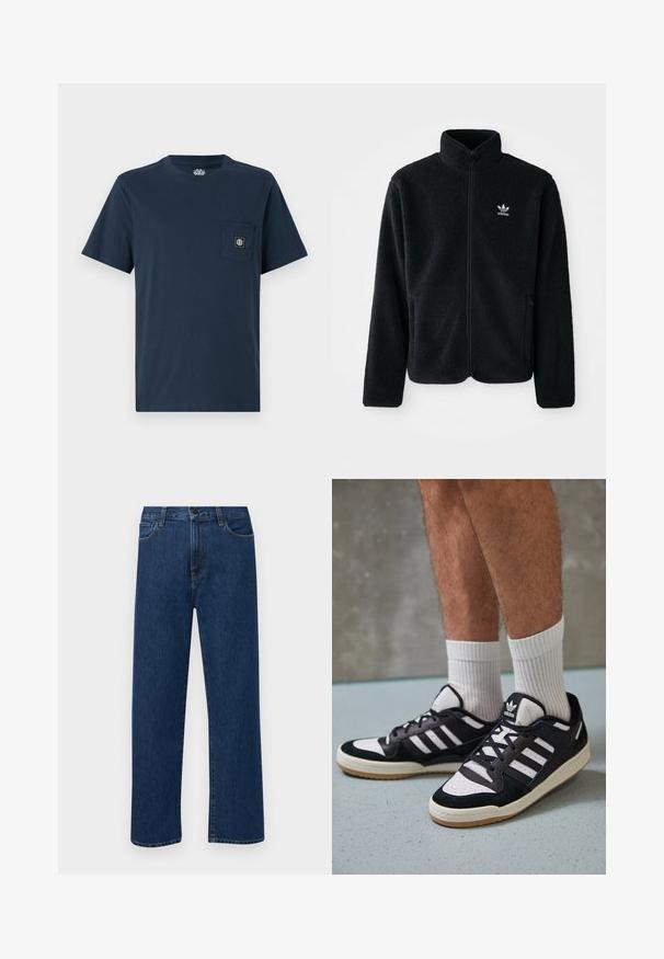Zwarte fleece jacket met hoge kraag, ritssluiting aan de voorkant en voorzakken. Kenmerkt zich door textuurstof en een klein wit logo op de linkerborst.; Marineblauwe katoenen t-shirt met korte mouwen, ronde hals en een borstzak met een vierkant logo patch. Gladde textuur, casual ontwerp.; Donkerblauwe rechte denim jeans met frontzakken en een knoopsluiting, weergegeven op een effen witte achtergrond.; Zwart-witte sneakers met een bovenwerk van suede en leer, voorzien van drie witte strepen, een geperforeerde neus en een rubberen gumzool.