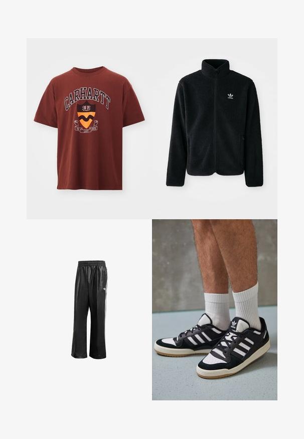 Czarna polarowa kurtka z wysokim kołnierzem, zamek z przodu i kieszeniami z przodu. Posiada teksturowany materiał i małe białe logo na lewej piersi.; Bordowa bawełniana koszulka z krótkim rękawem. Posiada graficzny nadruk zawierający tekst "Carhartt" oraz wzór tarczy w pomarańczowym i czarnym kolorze.; Czarne syntetyczne spodnie dresowe z elastycznym pasem, z białymi paskami po bokach i małym białym logo na lewym biodrze.; Czarno-białe sneakersy z zamszową i skórzaną cholewką, z trzema białymi paskami, perforowanym czubkiem i gumową podeszwą w kolorze gumy.