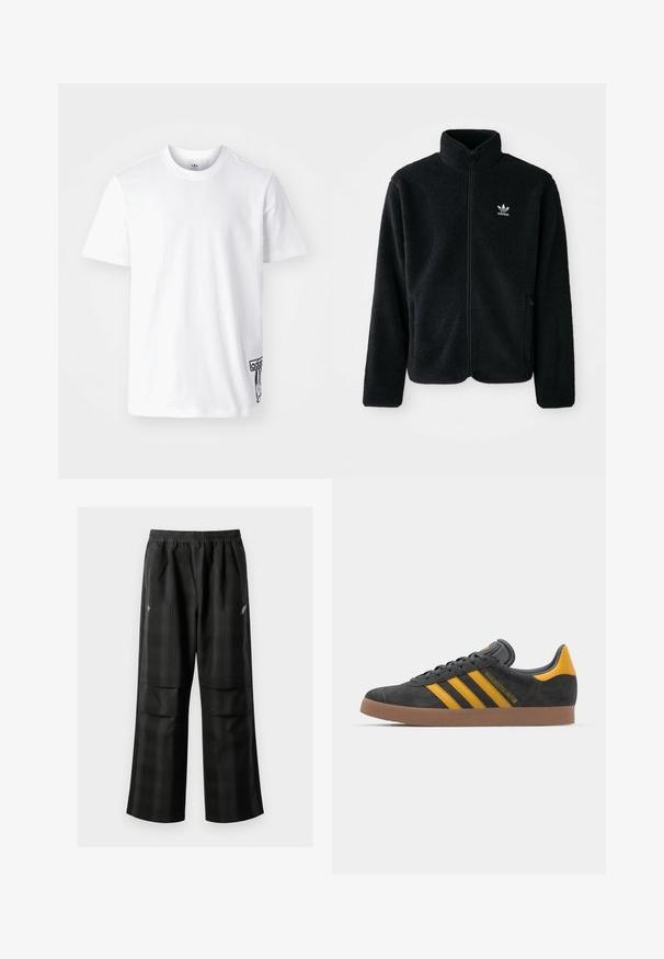 Juodas fliso džemperis su aukštu apykakle, užtrauktuku priekyje ir priekinėmis kišenėmis. Ypatybės: tekstūruota medžiaga ir mažas baltas logotipas kairėje krūtinės pusėje.; Balta medvilninė marškinėliai trumpomis rankovėmis, suapvalintu kaklu ir juodu Adidas logotipu ant apatinio kairiojo šono. Lygi tekstūra.; Juodos languotos kelnės su elastingu juosmeniu, dviem priekinėmis kišenėmis ir laisvu tiesiu kirpimu. Pagamintos iš lengvos medžiagos.; Juodas zomšinės sportbačiai su geltonais akcentais, turintys tris juosteles ir rudą gumos padą. Apima paminkštintą liežuvėlį patogumui.