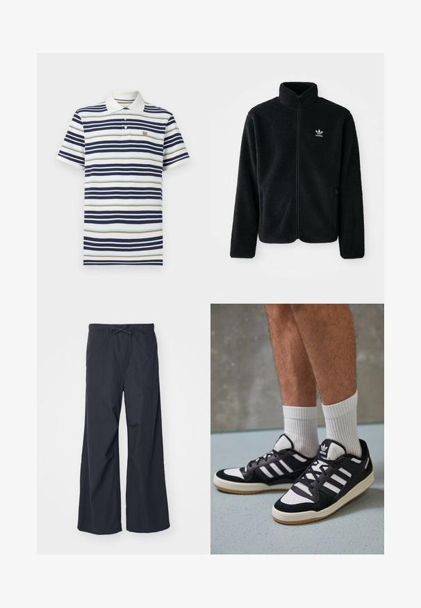 Must värviline fleecedee peasärk kõrge kraega, tõmblukuga esiosa ja esikotid. Omab tekstuuriga kangast ja väikest valget logo vasakul rinnal.; Tumedate, helesinine ja beež triibuline polo särk. Puuvillane materjal, klassikalise kraega ja kolme nupuga. Väike logo rinnal.; Laiad püksid mustast kangast, millel on elastne vöökoht ja nöör, ning kaks külgtaskut. Sile tekstuur ja muretu disain.; Mustvalged ja valged spordijalatsid, mille pealmine osa on valmistatud suede'ist ja nahast. Kingadel on kolm valget riba, auguline varvas ja kummist tald.