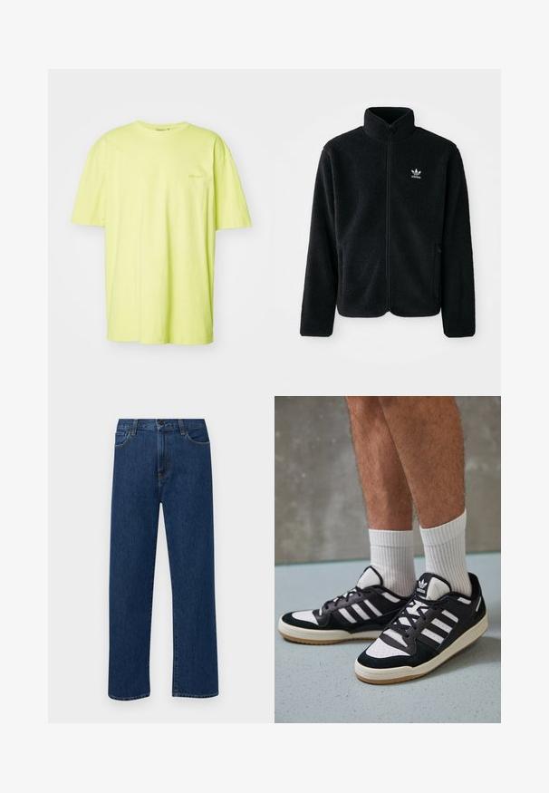 Jachetă din fleece neagră cu guler înalt, fermoar pe față și buzunare frontale. Caracteristici ale materialului texturat și un mic logo alb pe pieptul stâng.; Tricou cu mânecă scurtă din bumbac galben aprins, cu decolteu rotund și un logo subtil pe pieptul stâng. Textură netedă, croi lejer.; Jeans din denim drept, cu culoare albastru închis, cu buzunare frontale și închidere cu nasture, expuși pe un fundal alb simplu.; Adidași negri și albi cu un superior din suede și piele, prevăzuți cu trei dungi albe, un vârf perforat și o talpă din cauciuc caramel.