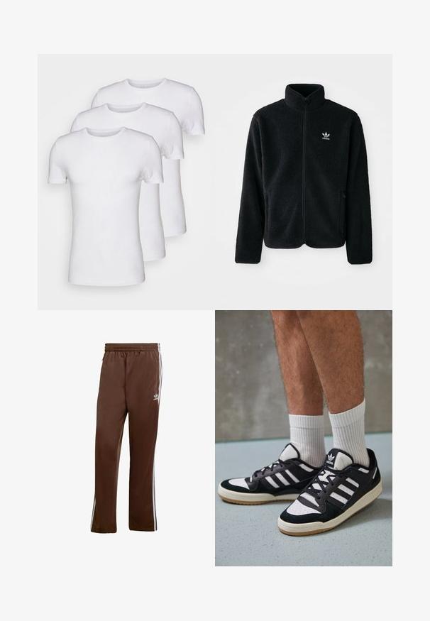 Zwarte fleece jacket met hoge kraag, ritssluiting aan de voorkant en voorzakken. Kenmerkt zich door textuurstof en een klein wit logo op de linkerborst.; Drie witte katoenen t-shirts met korte mouwen en ronde hals, gladde textuur en zonder patronen of graphics.; Bruine sportbroeken van gladde stof, met witte zijstripe en een elastische tailleband. Inclusief zakken aan beide zijkanten.; Zwart-witte sneakers met een bovenwerk van suede en leer, voorzien van drie witte strepen, een geperforeerde neus en een rubberen gumzool.